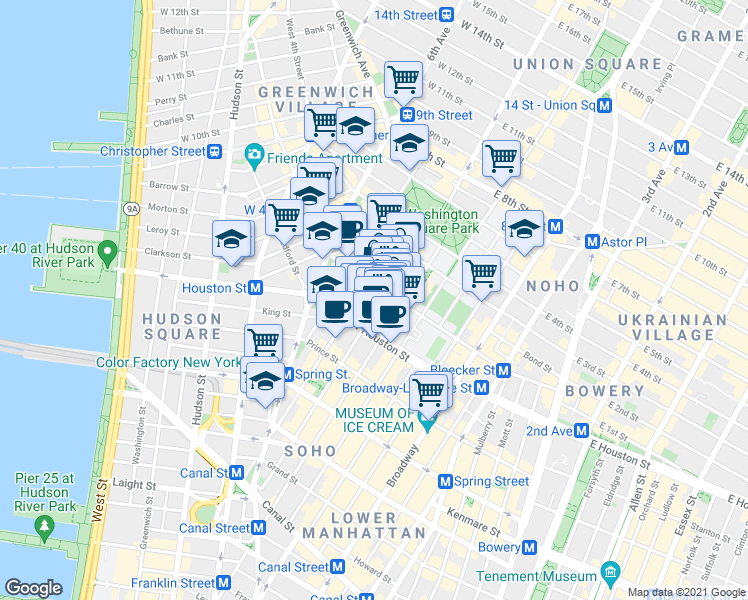 map of restaurants, bars, coffee shops, grocery stores, and more near 145 Bleecker Street in New York