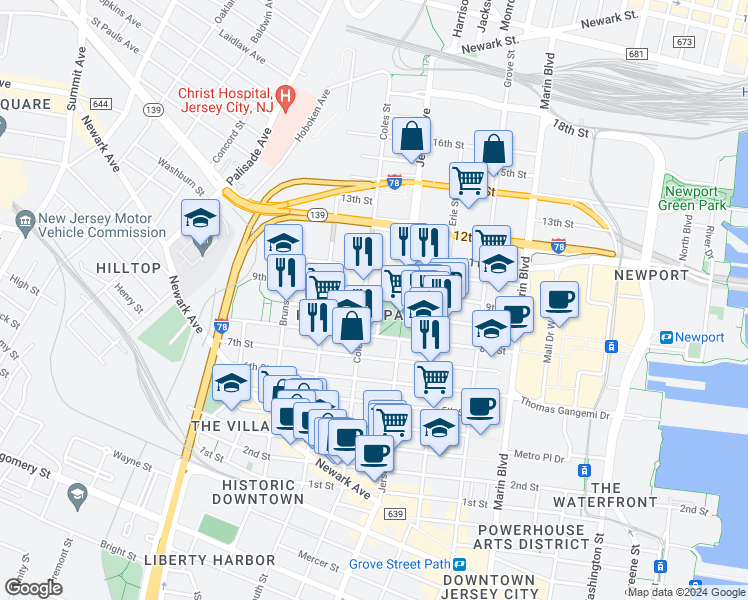 map of restaurants, bars, coffee shops, grocery stores, and more near 30 County Road 729 in Jersey City