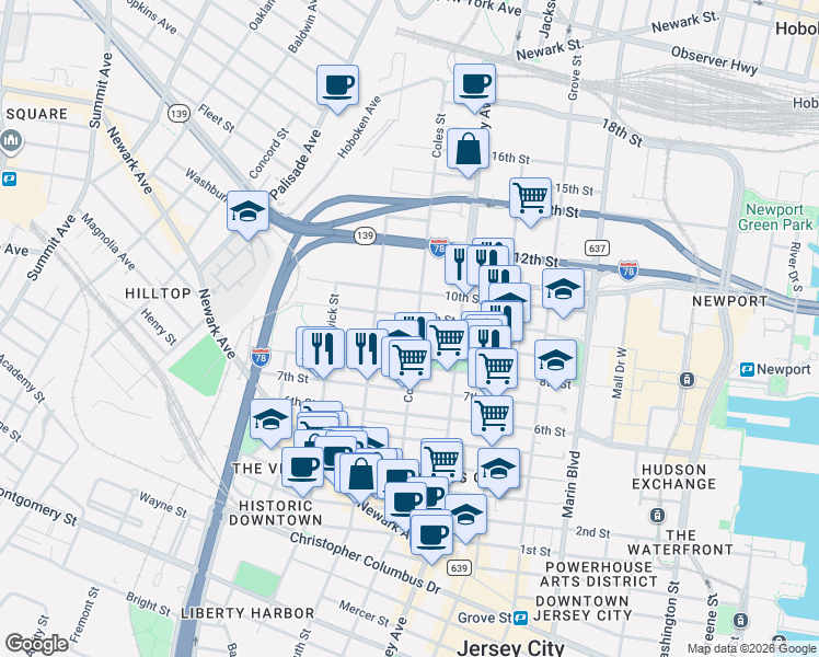 map of restaurants, bars, coffee shops, grocery stores, and more near in Jersey City