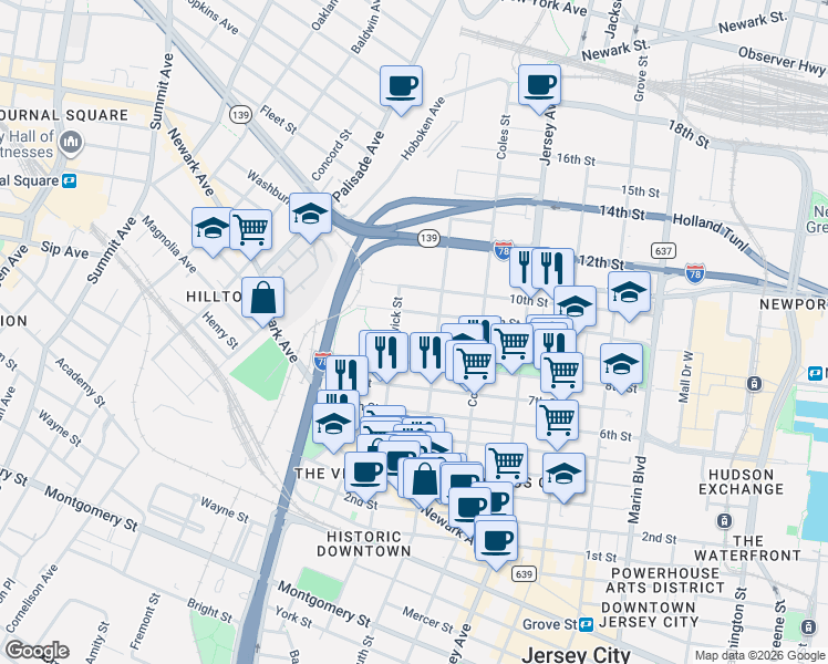 map of restaurants, bars, coffee shops, grocery stores, and more near 331 1/2 Pavonia Avenue in Jersey City