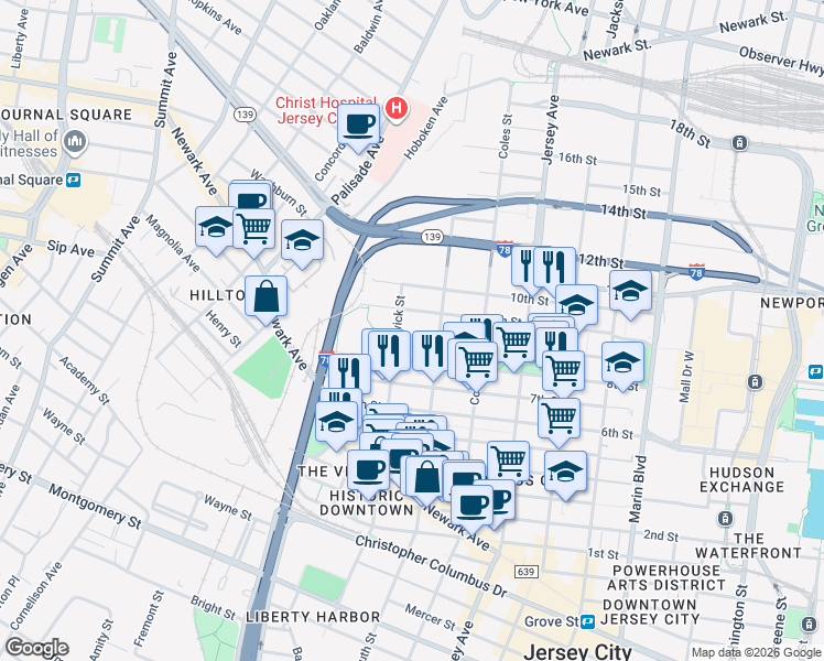 map of restaurants, bars, coffee shops, grocery stores, and more near 331 1/2 Pavonia Avenue in Jersey City