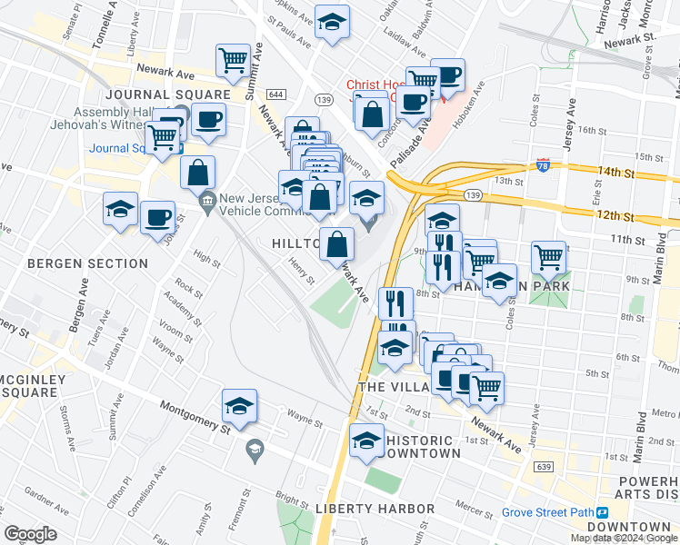 map of restaurants, bars, coffee shops, grocery stores, and more near 108 Waldo Avenue in Jersey City