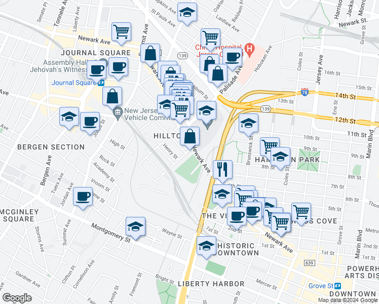 map of restaurants, bars, coffee shops, grocery stores, and more near 108 Waldo Avenue in Jersey City