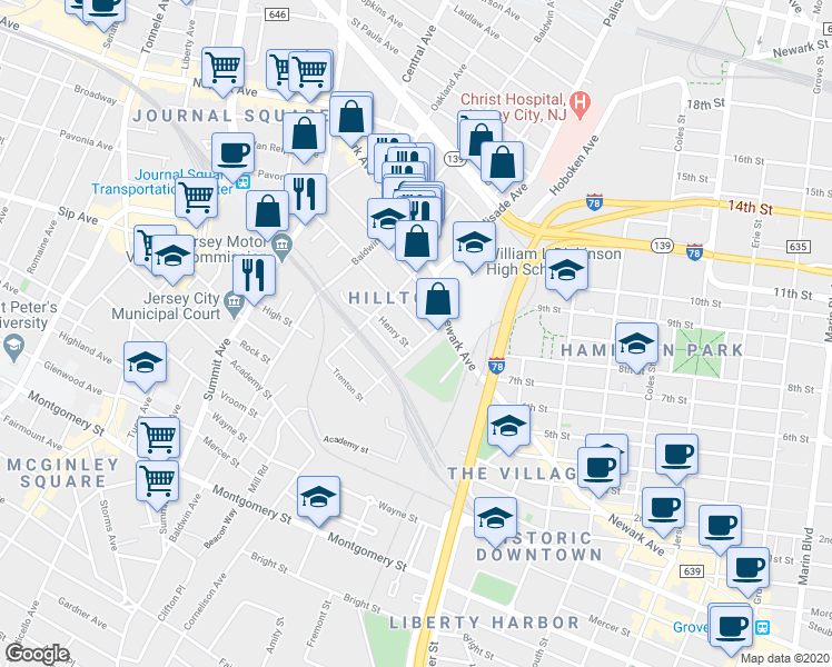 map of restaurants, bars, coffee shops, grocery stores, and more near 11 Henry Street in Jersey City