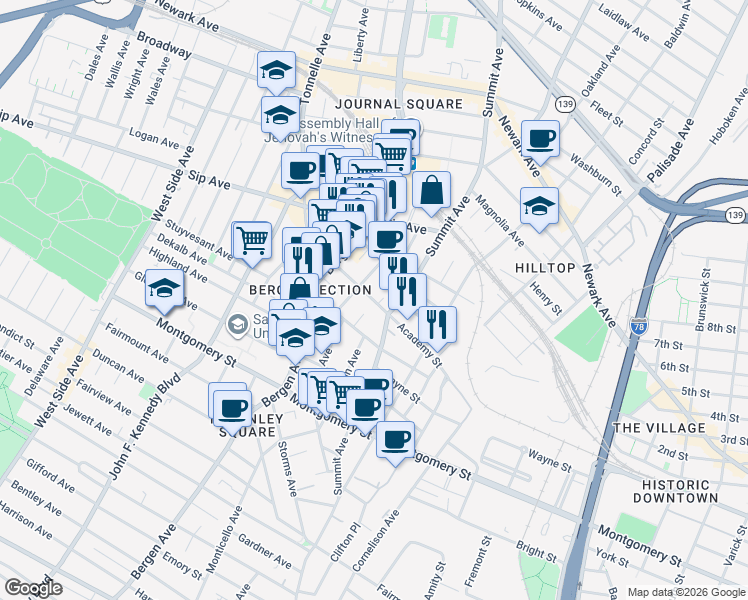 map of restaurants, bars, coffee shops, grocery stores, and more near 221 Academy Street in Jersey City