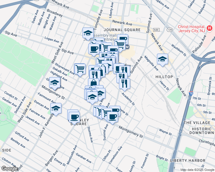 map of restaurants, bars, coffee shops, grocery stores, and more near 86 Tuers Avenue in Jersey City