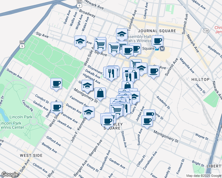map of restaurants, bars, coffee shops, grocery stores, and more near 2684 John F. Kennedy Boulevard in Jersey City