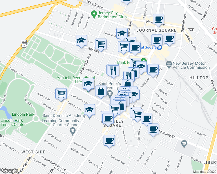 map of restaurants, bars, coffee shops, grocery stores, and more near 2684 John F. Kennedy Boulevard in Jersey City