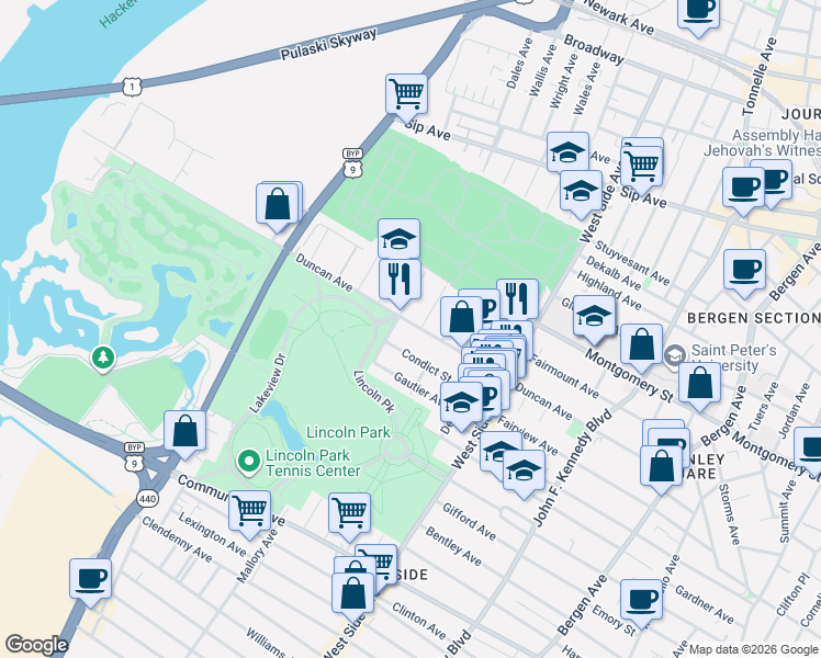 map of restaurants, bars, coffee shops, grocery stores, and more near 251 Duncan Avenue in Jersey City