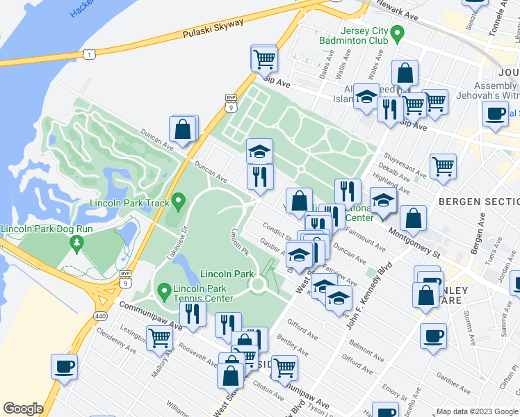 map of restaurants, bars, coffee shops, grocery stores, and more near 251 Duncan Avenue in Jersey City