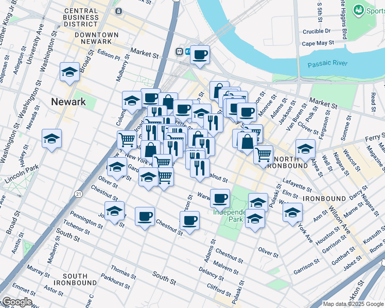 map of restaurants, bars, coffee shops, grocery stores, and more near 154 Elm Street in Newark