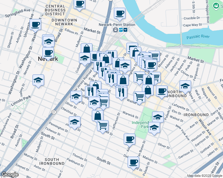 map of restaurants, bars, coffee shops, grocery stores, and more near 195 Walnut Street in Newark