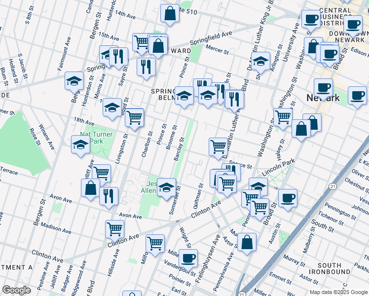 map of restaurants, bars, coffee shops, grocery stores, and more near 151 Spruce Street in Newark