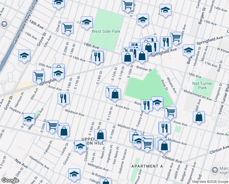 map of restaurants, bars, coffee shops, grocery stores, and more near 731 South 11th Street in Newark