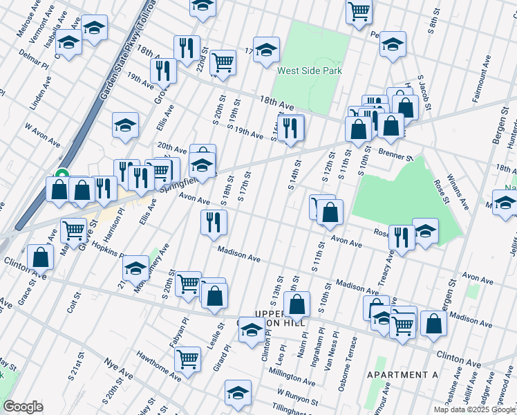 map of restaurants, bars, coffee shops, grocery stores, and more near 439 Avon Avenue in Newark