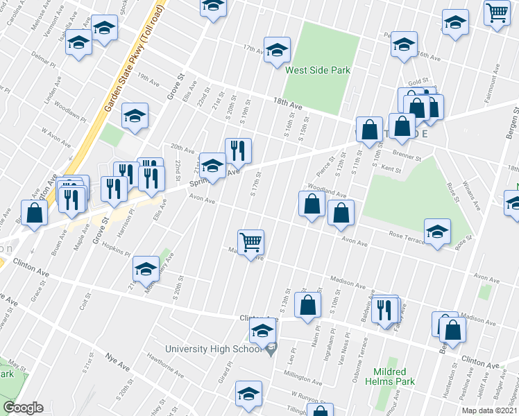 map of restaurants, bars, coffee shops, grocery stores, and more near 439 Avon Avenue in Newark