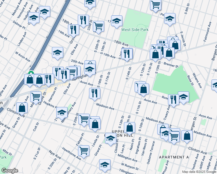 map of restaurants, bars, coffee shops, grocery stores, and more near 439 Avon Avenue in Newark