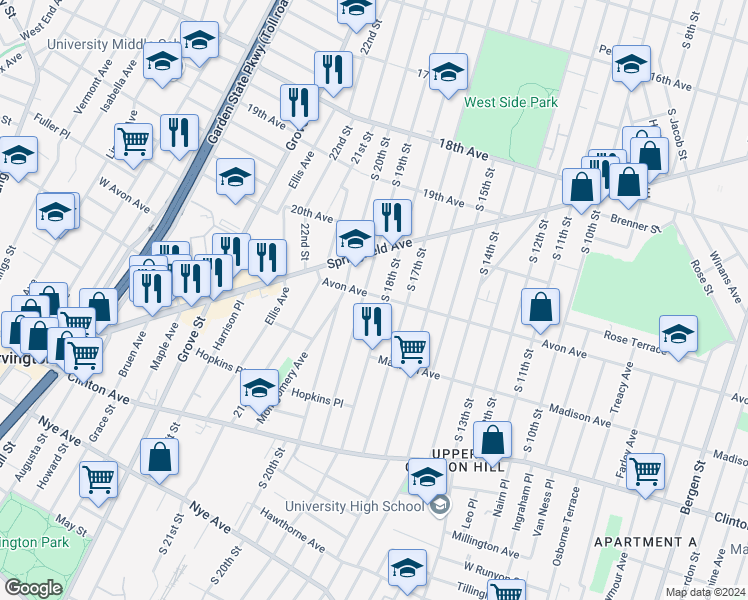 map of restaurants, bars, coffee shops, grocery stores, and more near 812 South 19th Street in Newark