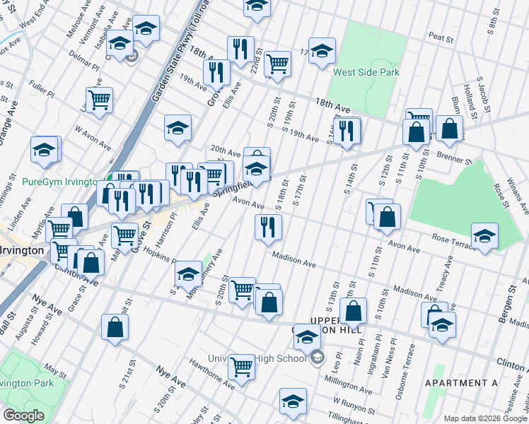 map of restaurants, bars, coffee shops, grocery stores, and more near 812 South 19th Street in Newark