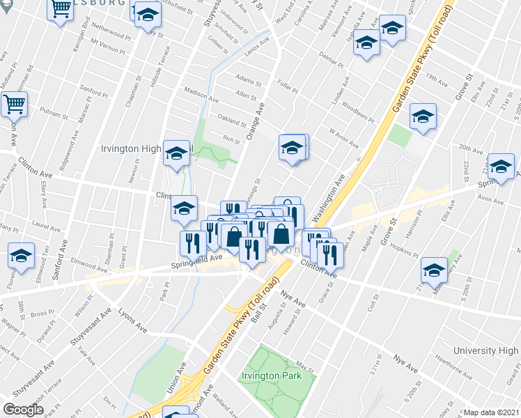 map of restaurants, bars, coffee shops, grocery stores, and more near 25 Linden Avenue in Irvington
