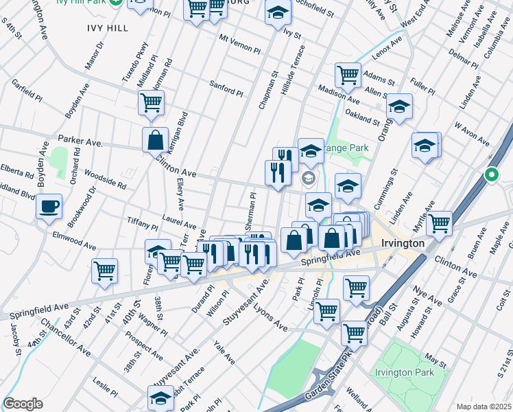map of restaurants, bars, coffee shops, grocery stores, and more near 30 Sherman Place in Irvington
