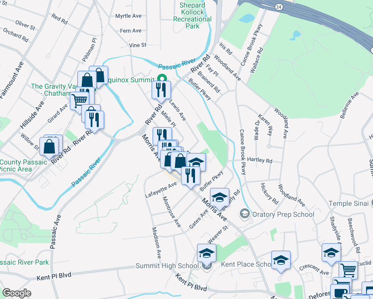 map of restaurants, bars, coffee shops, grocery stores, and more near 24 Aubrey Street in Summit