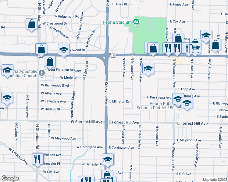 map of restaurants, bars, coffee shops, grocery stores, and more near 3317 North Peoria Avenue in Peoria
