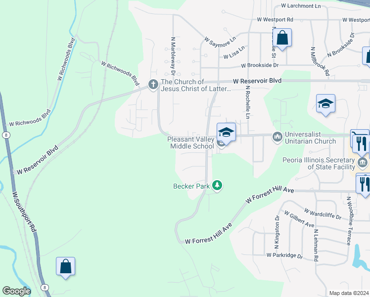 map of restaurants, bars, coffee shops, grocery stores, and more near 3425 Villa Ridge in Peoria