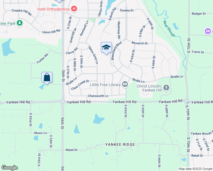map of restaurants, bars, coffee shops, grocery stores, and more near 8317 South 62nd Street in Lincoln