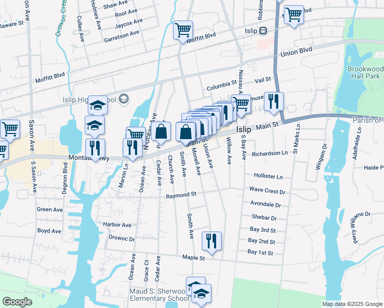 map of restaurants, bars, coffee shops, grocery stores, and more near 28 Monell Avenue in Islip