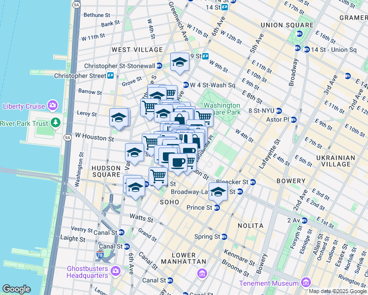 map of restaurants, bars, coffee shops, grocery stores, and more near 171 Sullivan Street in New York