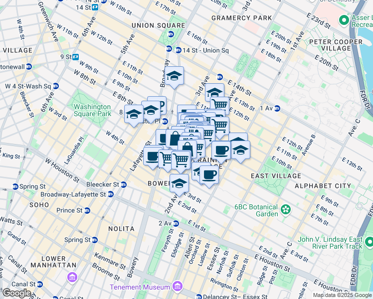 map of restaurants, bars, coffee shops, grocery stores, and more near 32 East 7th Street in New York