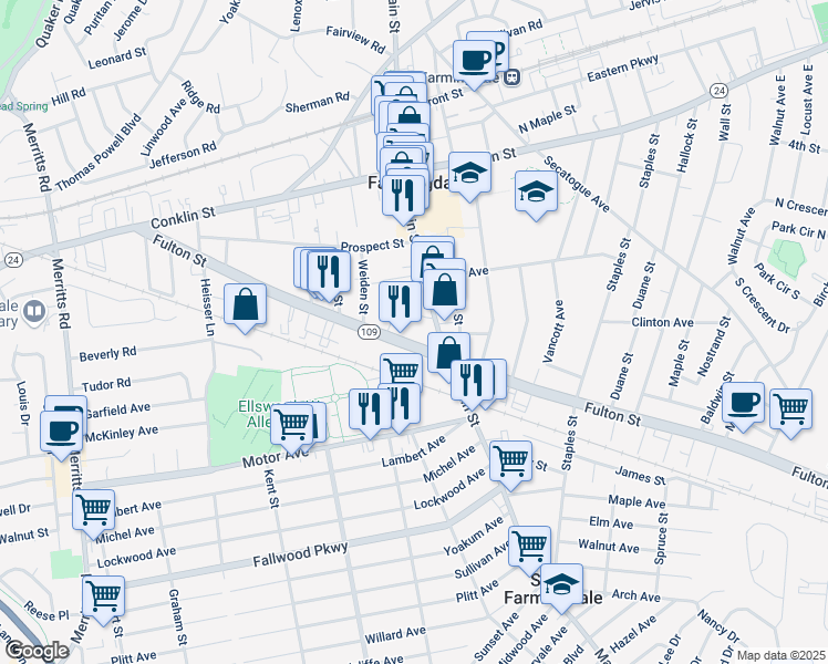 map of restaurants, bars, coffee shops, grocery stores, and more near 490 Main Street in Farmingdale