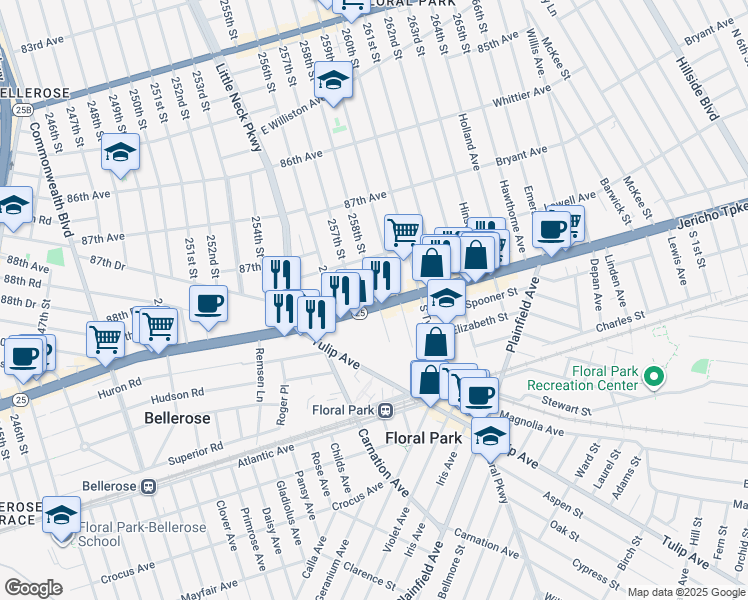 map of restaurants, bars, coffee shops, grocery stores, and more near 119 New York 25 in Floral Park