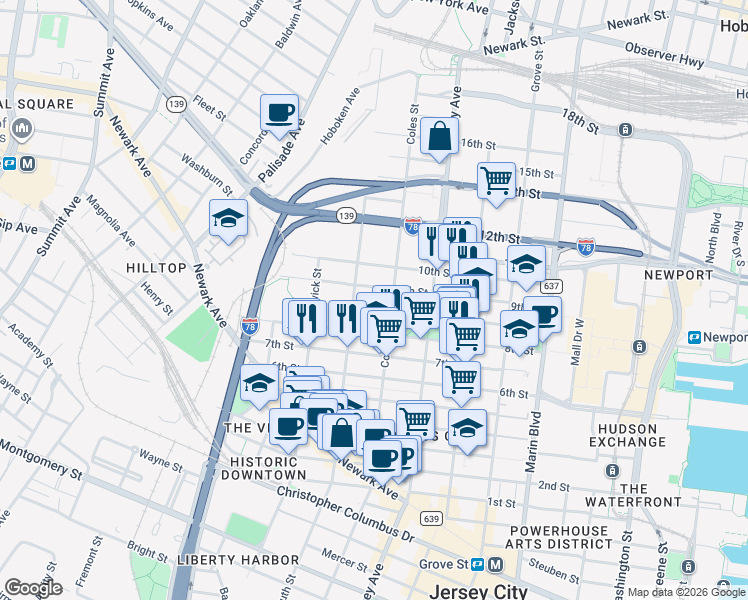 map of restaurants, bars, coffee shops, grocery stores, and more near in Jersey City