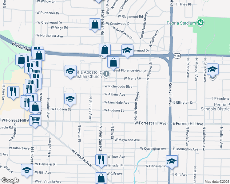 map of restaurants, bars, coffee shops, grocery stores, and more near 513 West Albany Avenue in Peoria