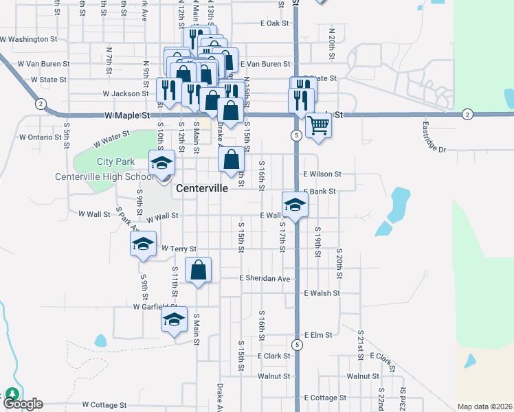 map of restaurants, bars, coffee shops, grocery stores, and more near 407 East Wall Street in Centerville