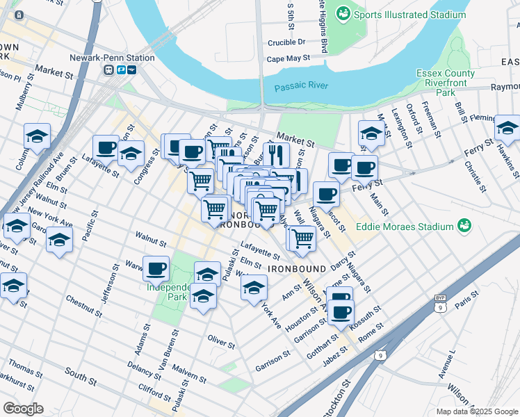map of restaurants, bars, coffee shops, grocery stores, and more near 45 Merchant Street in Newark