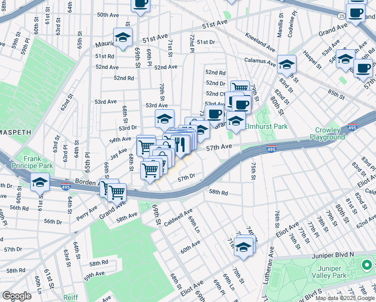 map of restaurants, bars, coffee shops, grocery stores, and more near 71-20 Grand Avenue in Queens