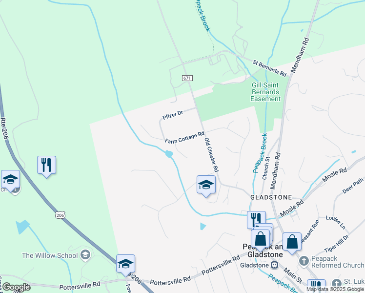 map of restaurants, bars, coffee shops, grocery stores, and more near 7 Farm Cottage Road in Peapack and Gladstone