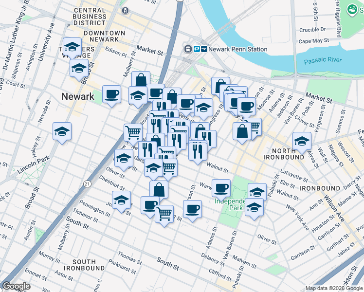 map of restaurants, bars, coffee shops, grocery stores, and more near 195 Walnut Street in Newark