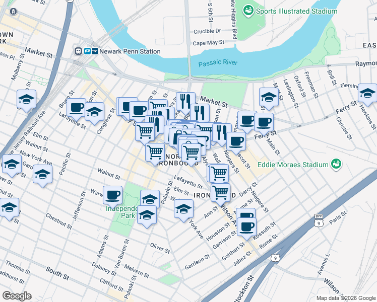 map of restaurants, bars, coffee shops, grocery stores, and more near 214 Ferry Street in Newark
