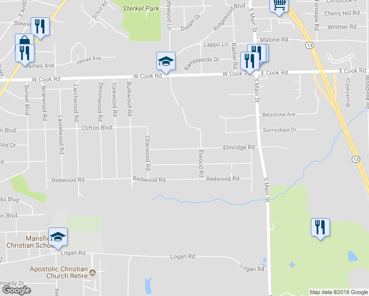 map of restaurants, bars, coffee shops, grocery stores, and more near 128 Elmridge Road in Mansfield