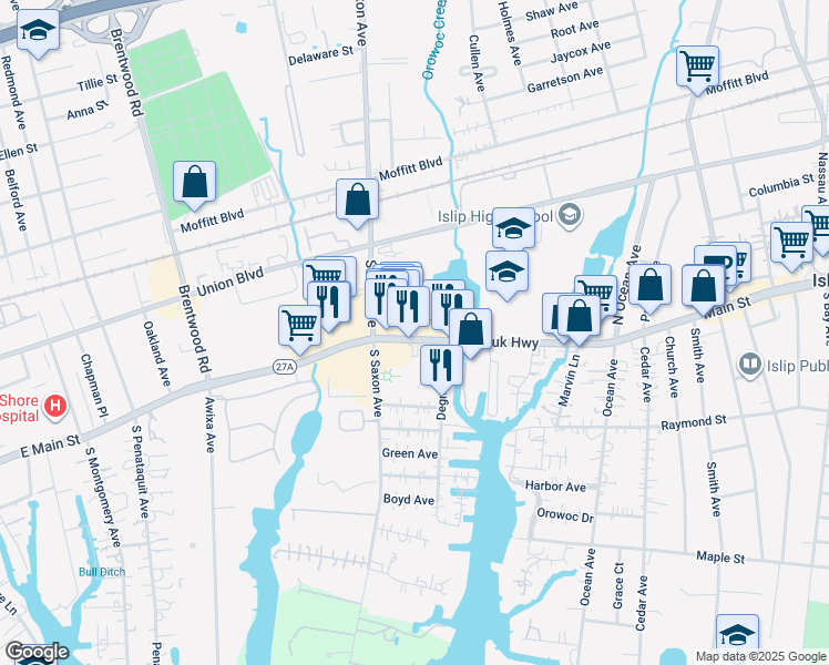 map of restaurants, bars, coffee shops, grocery stores, and more near 456 Montauk Highway in West Islip