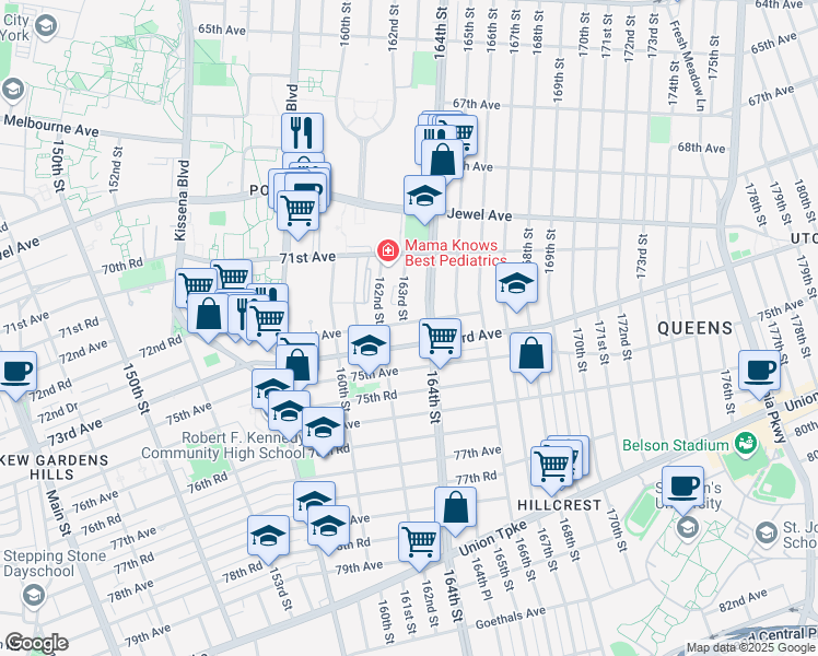 map of restaurants, bars, coffee shops, grocery stores, and more near 163-02 72nd Avenue in Queens