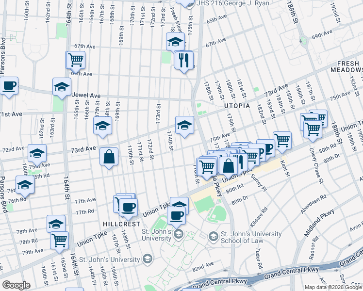 map of restaurants, bars, coffee shops, grocery stores, and more near 74-26 175th Street in Queens