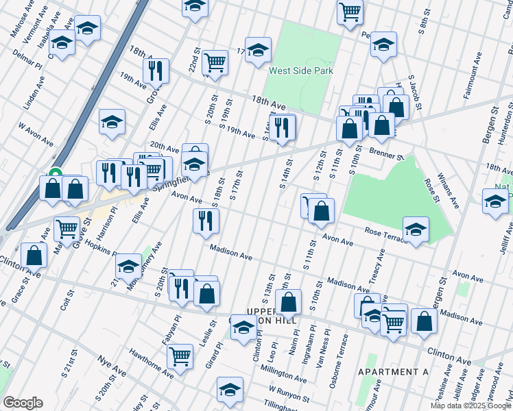 map of restaurants, bars, coffee shops, grocery stores, and more near 439 Avon Avenue in Newark