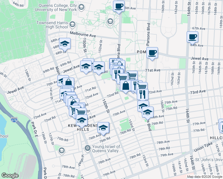 map of restaurants, bars, coffee shops, grocery stores, and more near 15025 72nd Road in Queens