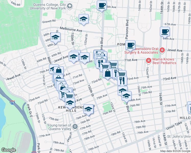 map of restaurants, bars, coffee shops, grocery stores, and more near 150-29 72nd Road in Queens