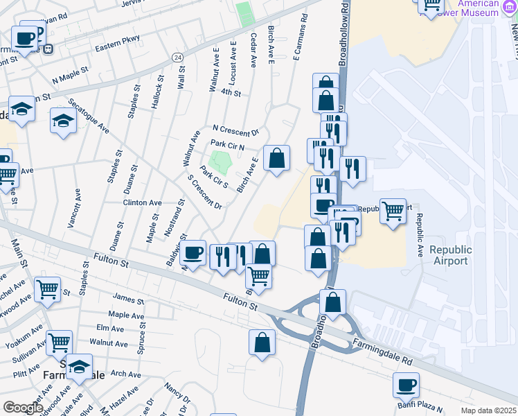 map of restaurants, bars, coffee shops, grocery stores, and more near 127 East Carmans Road in Farmingdale